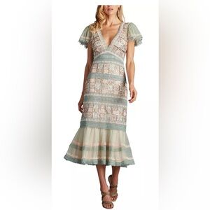 Tadashi Shoji Belle Sequin Lace Detail Cocktail Midi Sage/ Adobe Blush Mude NWT